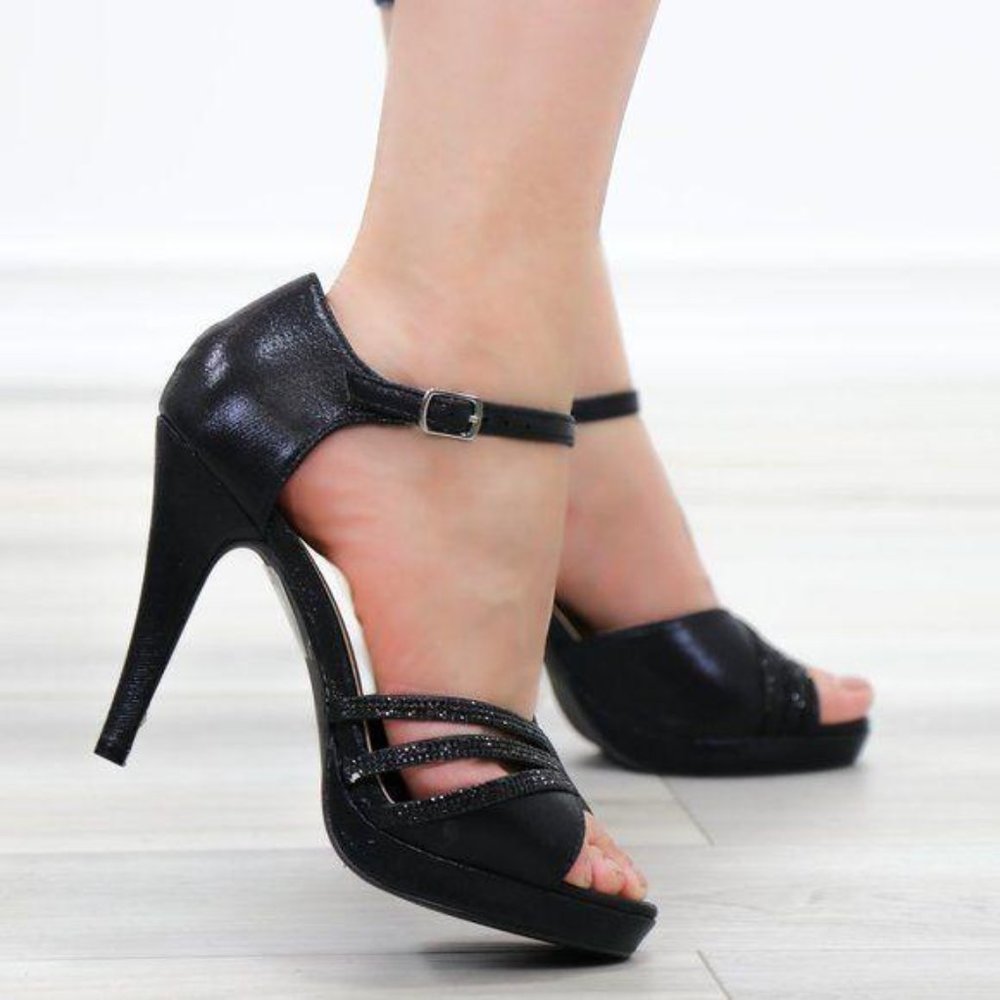 Shimmery Black Satin Platform Heeled Stiletto Sandal - Picture 11 of 11
